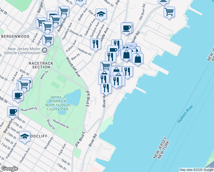 map of restaurants, bars, coffee shops, grocery stores, and more near 11860 River Road in North Bergen
