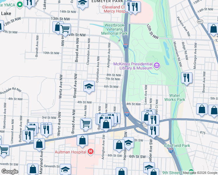 map of restaurants, bars, coffee shops, grocery stores, and more near 2403 6th Street Northwest in Canton