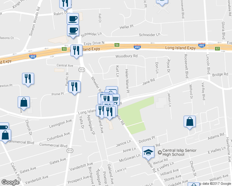 map of restaurants, bars, coffee shops, grocery stores, and more near 19 Marlo Lane in Hauppauge