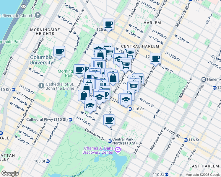 map of restaurants, bars, coffee shops, grocery stores, and more near 203 West 117th Street in New York