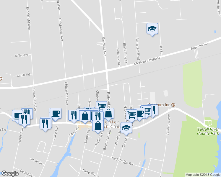 map of restaurants, bars, coffee shops, grocery stores, and more near 89 Railroad Avenue in Center Moriches