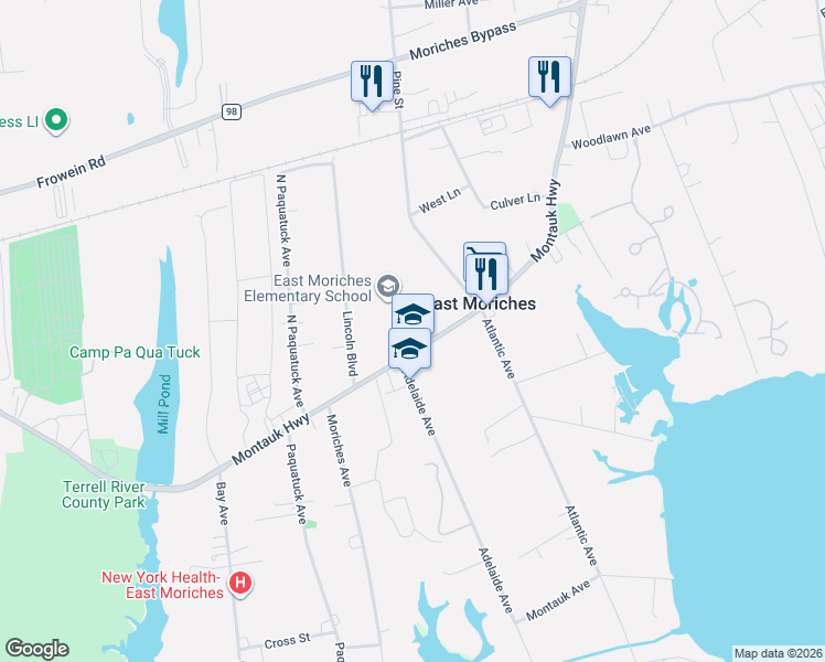 map of restaurants, bars, coffee shops, grocery stores, and more near 499 Montauk Highway in East Moriches
