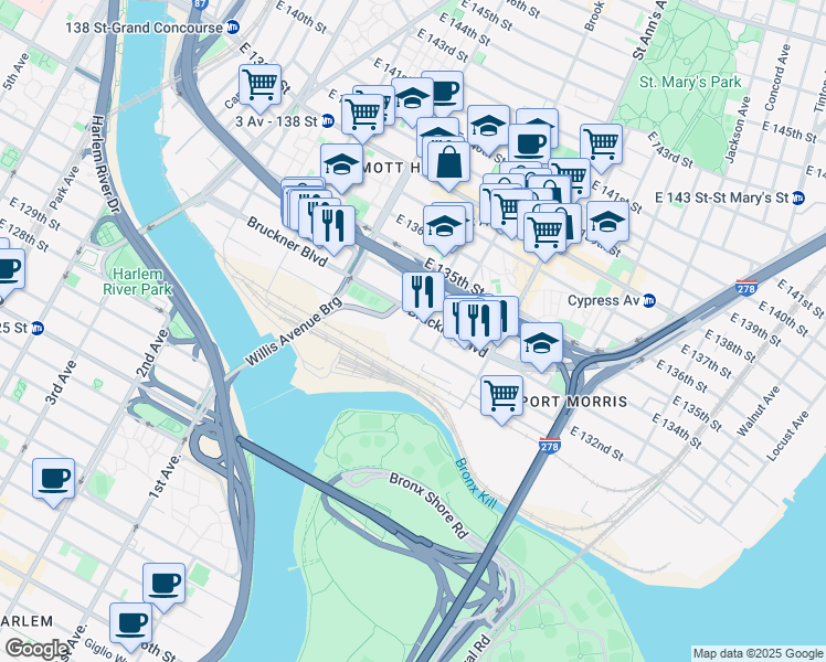 map of restaurants, bars, coffee shops, grocery stores, and more near 112 Bruckner Boulevard in Bronx