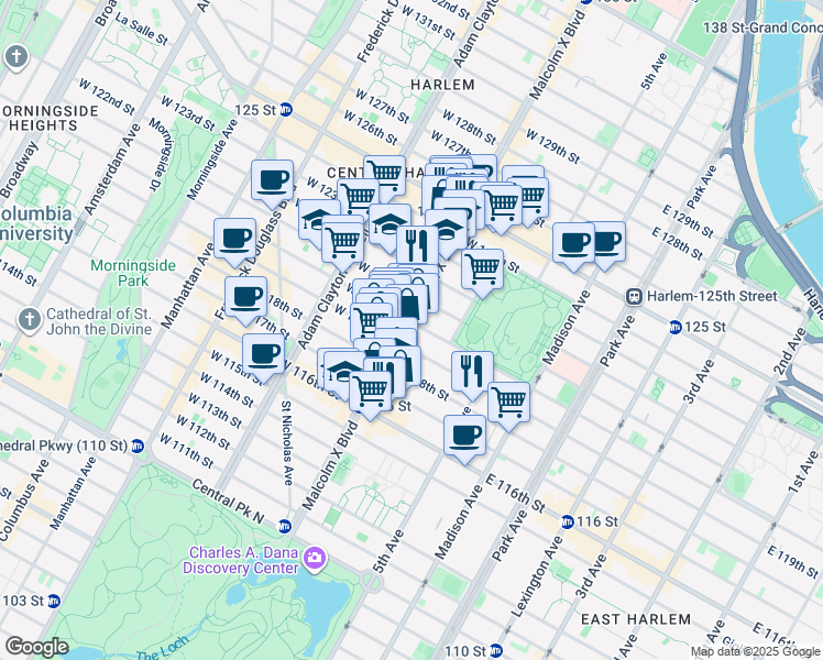 map of restaurants, bars, coffee shops, grocery stores, and more near 19 West 120th Street in New York