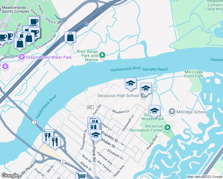 map of restaurants, bars, coffee shops, grocery stores, and more near 9 Acorn Road in Secaucus