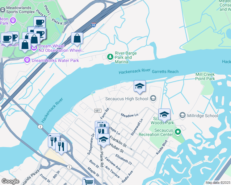 map of restaurants, bars, coffee shops, grocery stores, and more near 10 Acorn Road in Secaucus
