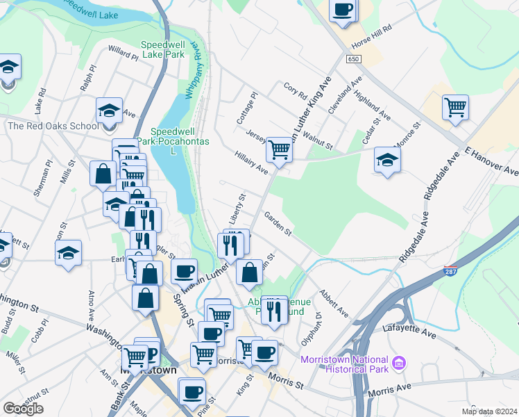 map of restaurants, bars, coffee shops, grocery stores, and more near 46 Martin Luther King Avenue in Morristown