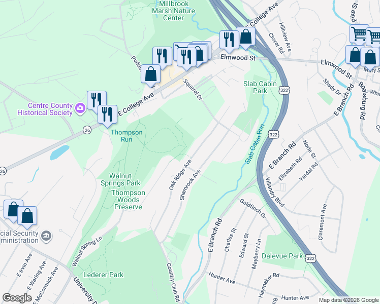 map of restaurants, bars, coffee shops, grocery stores, and more near 1151-1299 Oak Ridge Avenue in State College