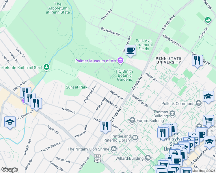 map of restaurants, bars, coffee shops, grocery stores, and more near 248 Adams Avenue in State College