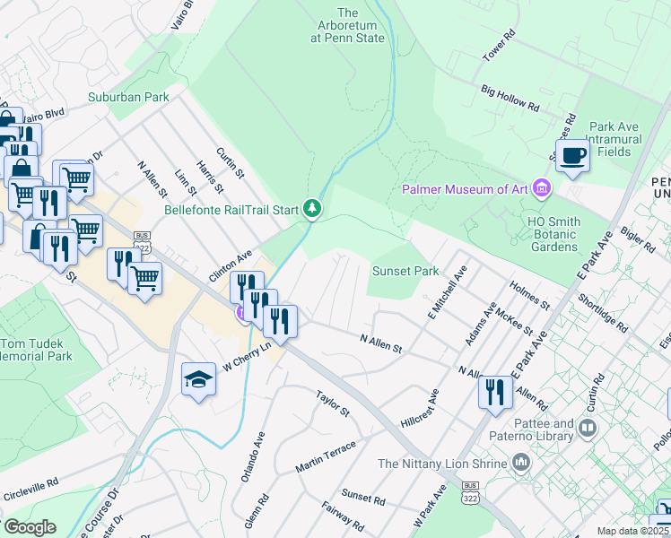 map of restaurants, bars, coffee shops, grocery stores, and more near 152 East Cherry Lane in State College