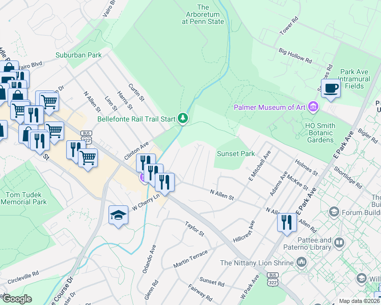 map of restaurants, bars, coffee shops, grocery stores, and more near 152 East Cherry Lane in State College