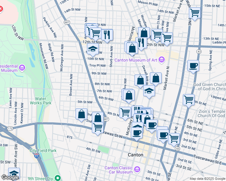 map of restaurants, bars, coffee shops, grocery stores, and more near 805 7th Street Northwest in Canton