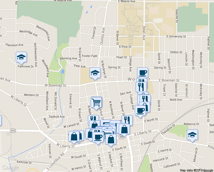 map of restaurants, bars, coffee shops, grocery stores, and more near 137 East Bowman Street in Wooster