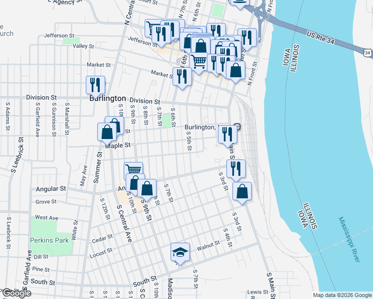 map of restaurants, bars, coffee shops, grocery stores, and more near 412 South 5th Street in Burlington