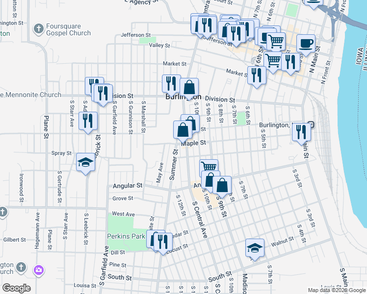 map of restaurants, bars, coffee shops, grocery stores, and more near 1101-1235 Maple Street in Burlington