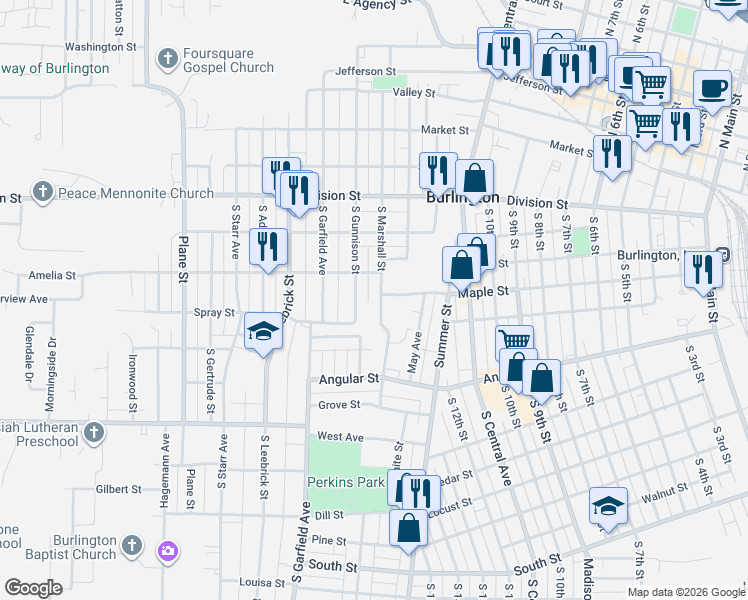 map of restaurants, bars, coffee shops, grocery stores, and more near Vine Street in Burlington