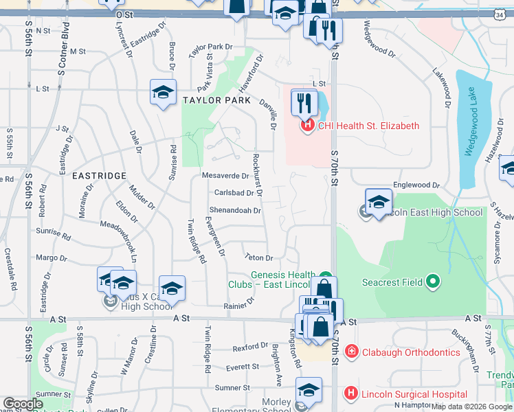 map of restaurants, bars, coffee shops, grocery stores, and more near 921 Rockhurst Drive in Lincoln