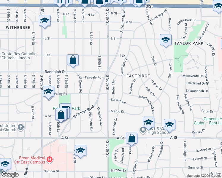 map of restaurants, bars, coffee shops, grocery stores, and more near 925 Robert Road in Lincoln