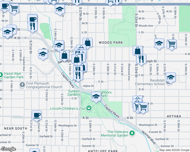 map of restaurants, bars, coffee shops, grocery stores, and more near 2817 F Street in Lincoln