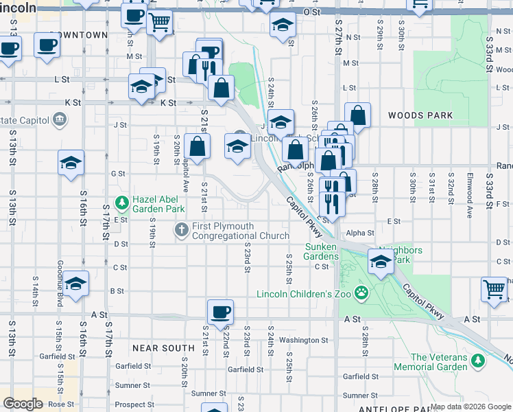 map of restaurants, bars, coffee shops, grocery stores, and more near 911 South 24th Street in Lincoln