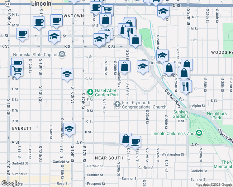 map of restaurants, bars, coffee shops, grocery stores, and more near 2031 F Street in Lincoln