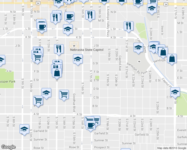 map of restaurants, bars, coffee shops, grocery stores, and more near 1719 F Street in Lincoln