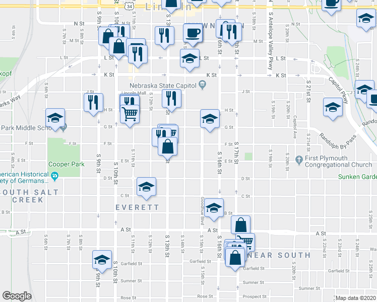 map of restaurants, bars, coffee shops, grocery stores, and more near 1423 F Street in Lincoln