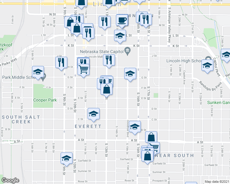 map of restaurants, bars, coffee shops, grocery stores, and more near 1315 F Street in Lincoln