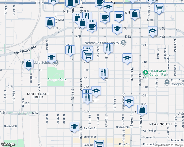 map of restaurants, bars, coffee shops, grocery stores, and more near 1123 F Street in Lincoln