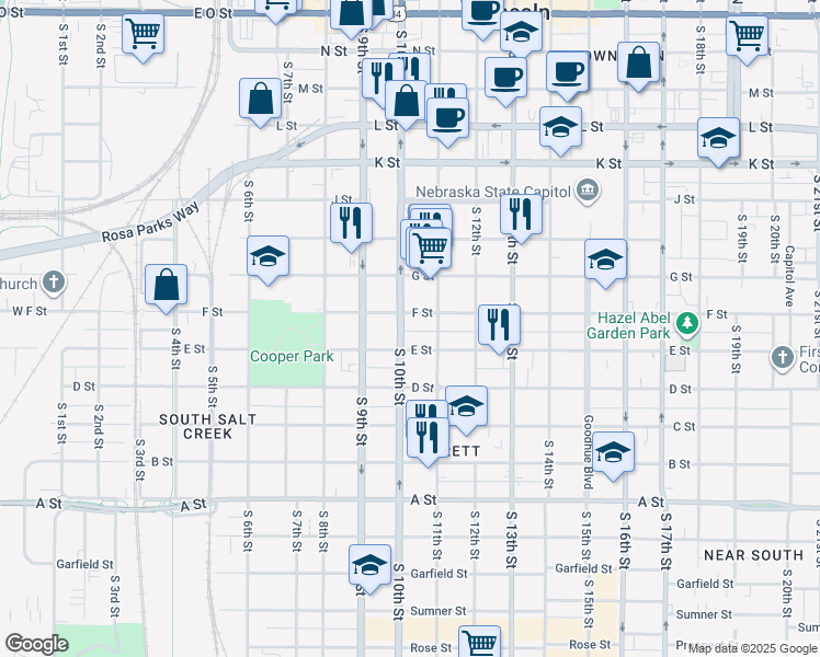 map of restaurants, bars, coffee shops, grocery stores, and more near 908 South 10th Street in Lincoln