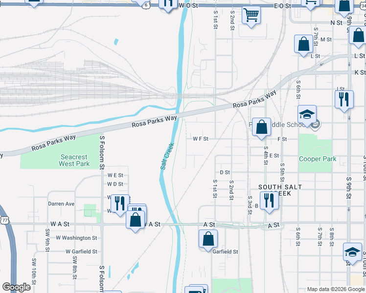 map of restaurants, bars, coffee shops, grocery stores, and more near 901 Southwest 2nd Street in Lincoln