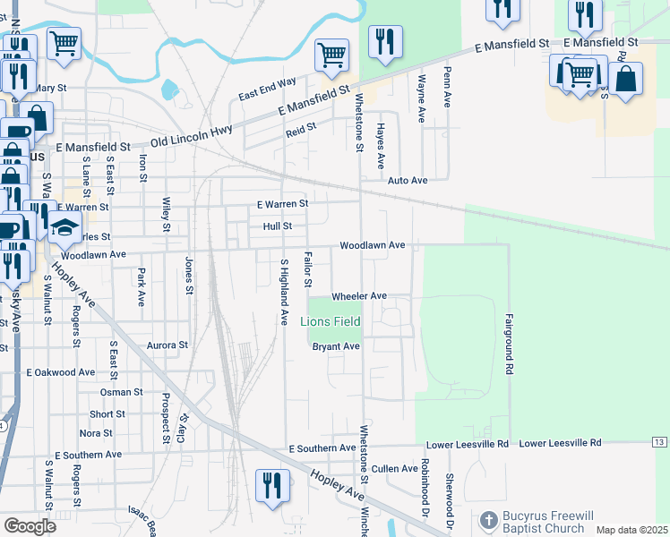 map of restaurants, bars, coffee shops, grocery stores, and more near 521 Union Avenue in Bucyrus