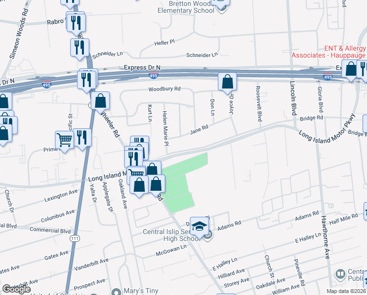 map of restaurants, bars, coffee shops, grocery stores, and more near 339 Bridge Road in Hauppauge