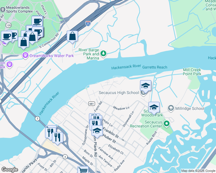 map of restaurants, bars, coffee shops, grocery stores, and more near 9 Acorn Road in Secaucus