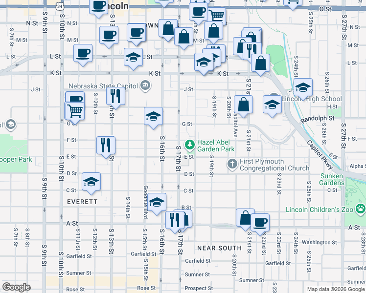 map of restaurants, bars, coffee shops, grocery stores, and more near 912 South 17th Street in Lincoln
