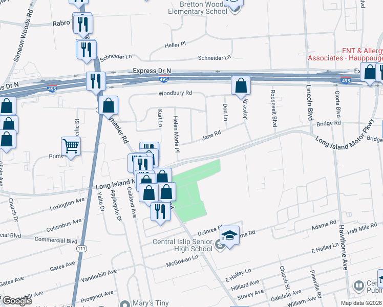 map of restaurants, bars, coffee shops, grocery stores, and more near 339 Bridge Road in Hauppauge