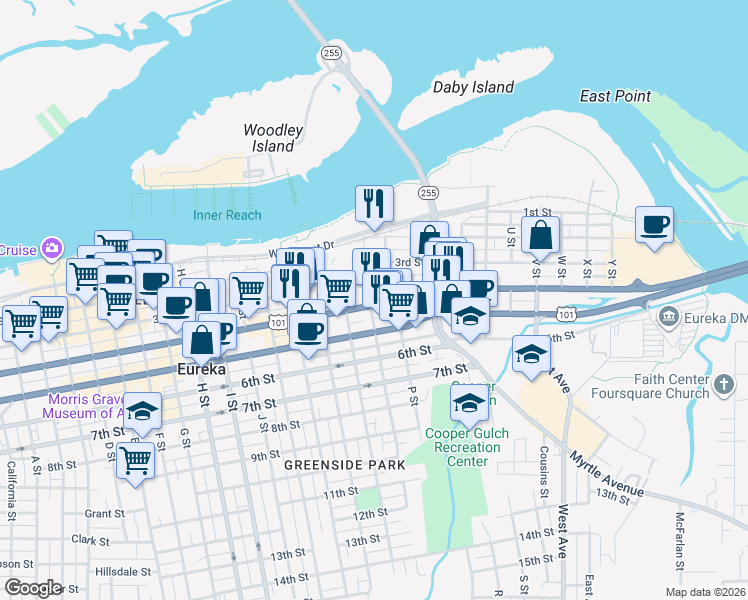 map of restaurants, bars, coffee shops, grocery stores, and more near 1401 4th St in Eureka