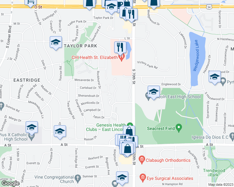 map of restaurants, bars, coffee shops, grocery stores, and more near 942 Foxcroft Court in Lincoln