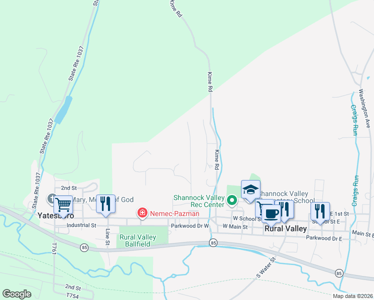 map of restaurants, bars, coffee shops, grocery stores, and more near 209 Locust Street in Rural Valley