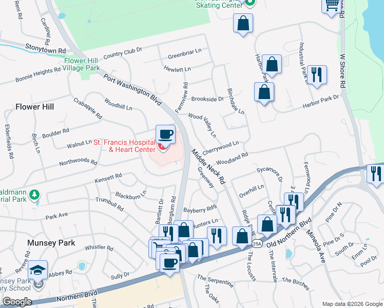 map of restaurants, bars, coffee shops, grocery stores, and more near 84 Middle Neck Road in Roslyn