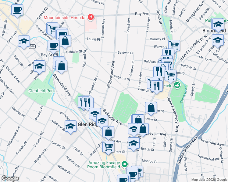 map of restaurants, bars, coffee shops, grocery stores, and more near 24 Wildwood Terrace in Glen Ridge