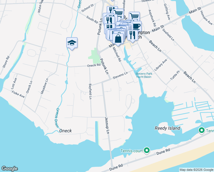 map of restaurants, bars, coffee shops, grocery stores, and more near 8 Jessup Lane in Westhampton Beach