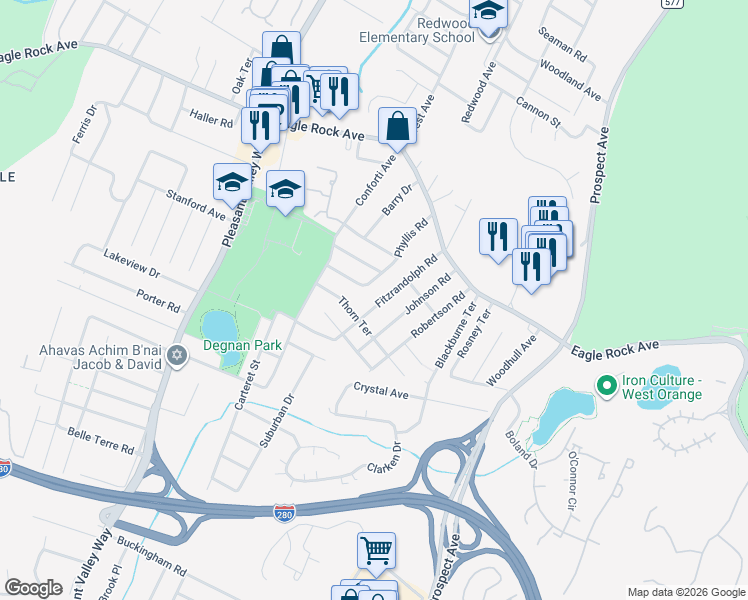map of restaurants, bars, coffee shops, grocery stores, and more near 39 Fitzrandolph Road in West Orange