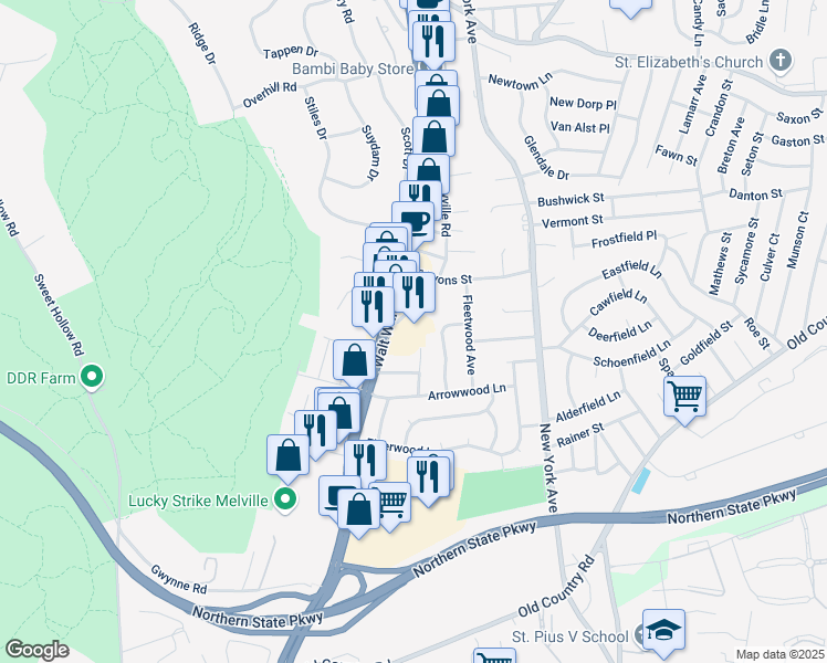 map of restaurants, bars, coffee shops, grocery stores, and more near 716 Walt Whitman Road in Melville