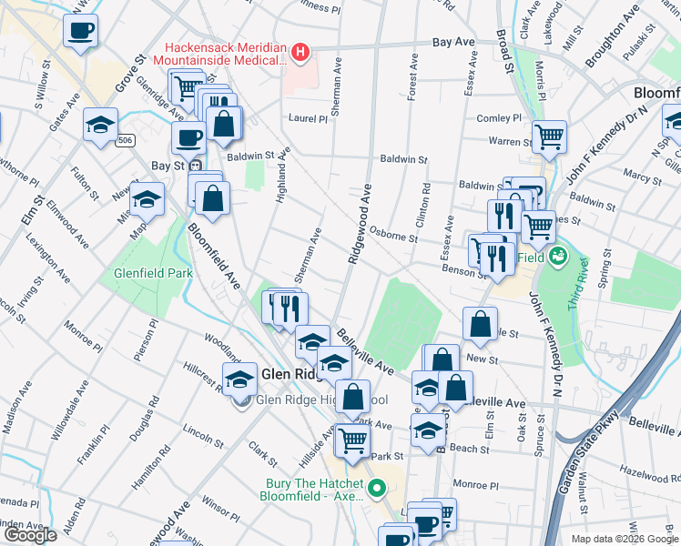map of restaurants, bars, coffee shops, grocery stores, and more near 280 Ridgewood Avenue in Glen Ridge