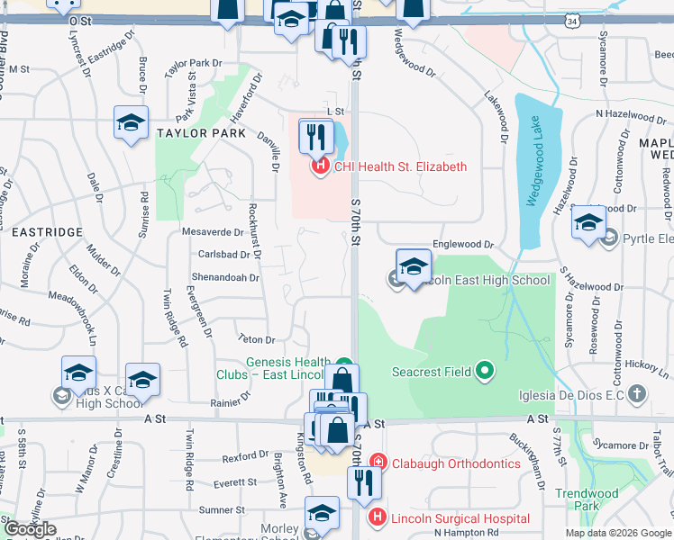 map of restaurants, bars, coffee shops, grocery stores, and more near 903 Roanoke Court in Lincoln