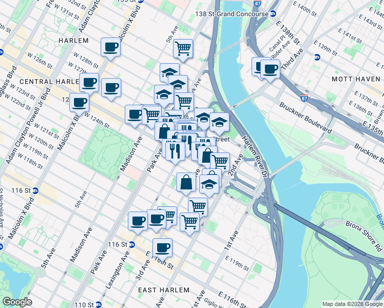 map of restaurants, bars, coffee shops, grocery stores, and more near 2083 Lexington Avenue in New York