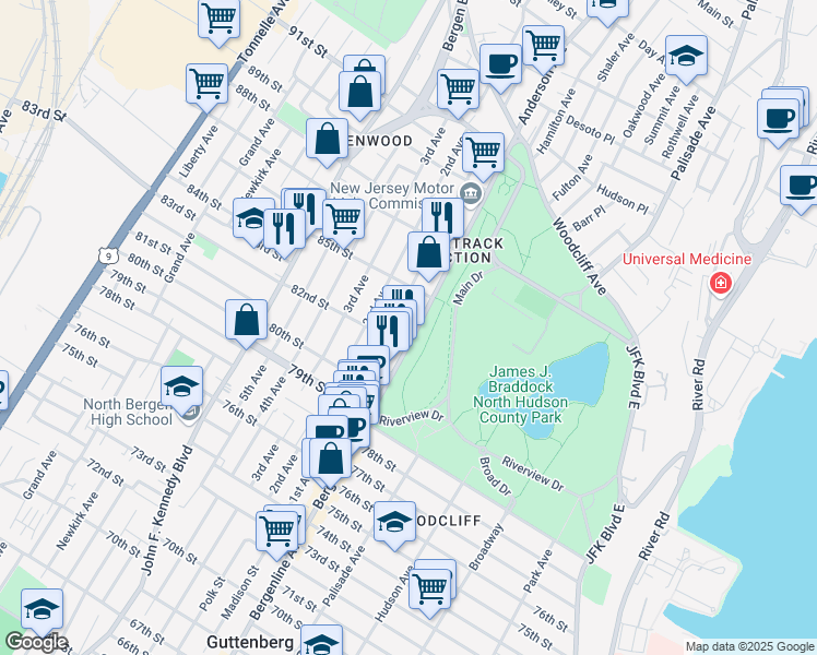map of restaurants, bars, coffee shops, grocery stores, and more near 8214 1st Avenue in North Bergen
