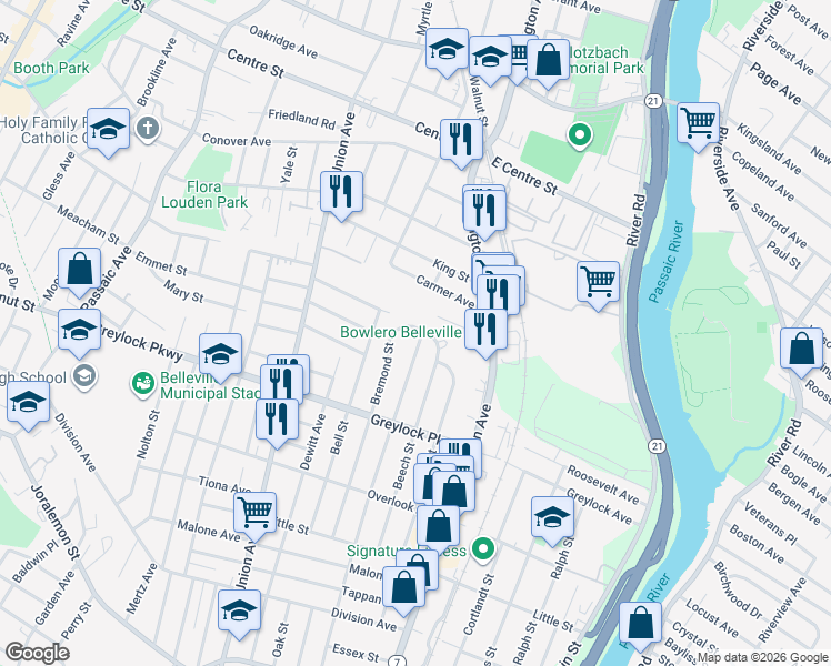 map of restaurants, bars, coffee shops, grocery stores, and more near 188 Bremond Street in Belleville