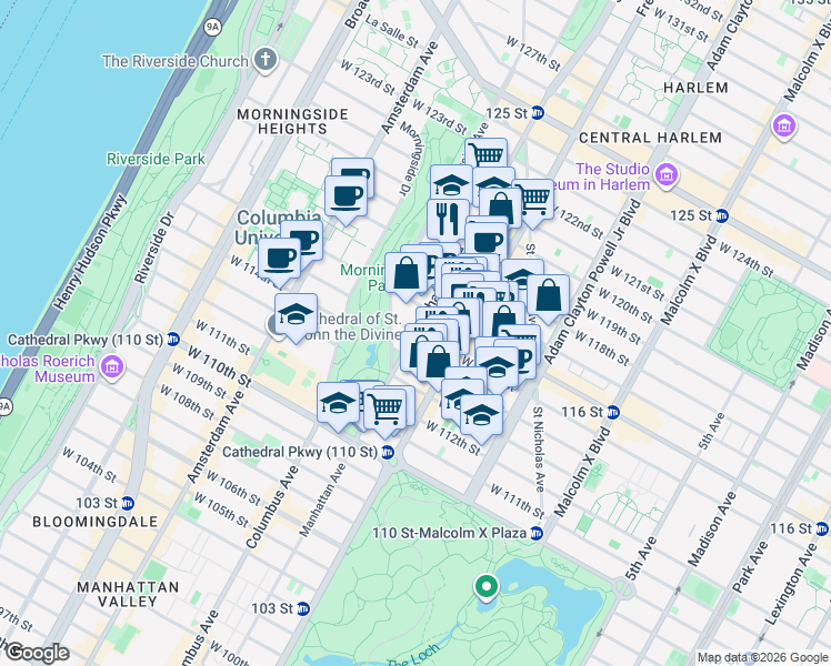 map of restaurants, bars, coffee shops, grocery stores, and more near West 115th Street in New York